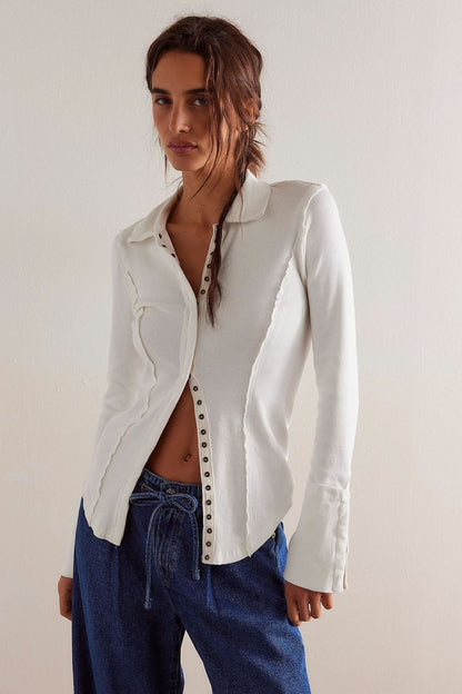 Women Fashion Casual Solid Color Long Sleeve Slim-Fit Lapel Single Breasted Blouse