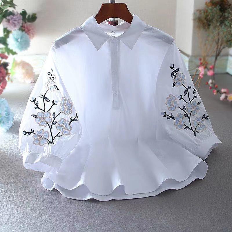 Women Fashion Casual Flower Embroidered Lapel Lantern Sleeve Loose Blouse