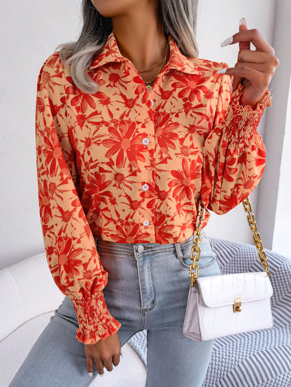 Women Fashion Casual Color Block Floral Print Lapel Blouse
