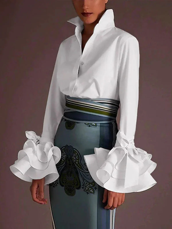 Women Casual Solid Color Lotus Leaf Sleeve Blouse
