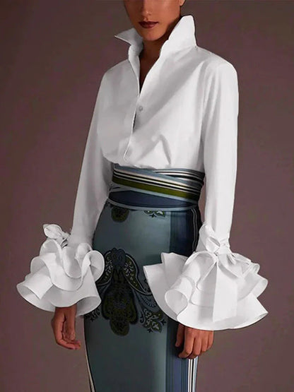 Women Casual Solid Color Lotus Leaf Sleeve Blouse