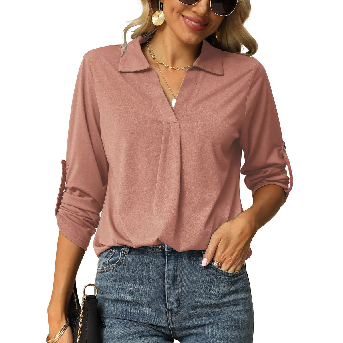 Women Fashion Casual Solid Color V-Neck Long Sleeve Blouse