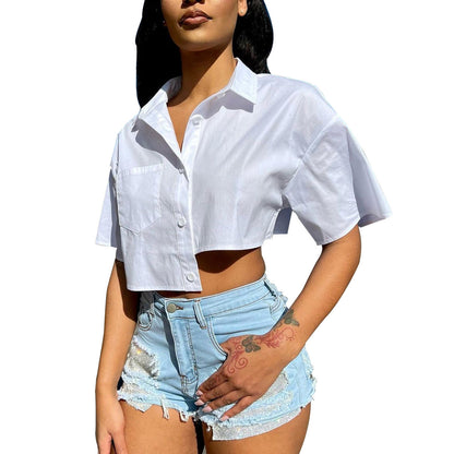 Women Fashion Casual Irregular Lapel Short Sleeve Blouse