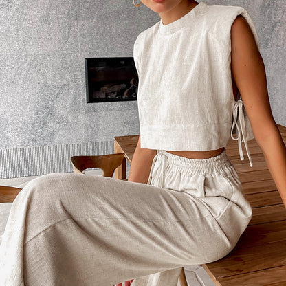 Women Casual Fashion Solid Color Cotton Linen Sleeveless Blouse And Pants Vacation Set