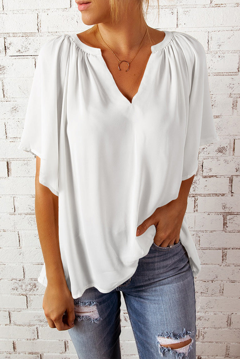 Women Casual Loose Solid Color V-Neck Short-Sleeve Blouse
