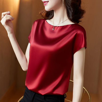 Office Women Basic Elegant Summer Short Sleeves Fashion Solid Color Casual Loose Satin Blouse
