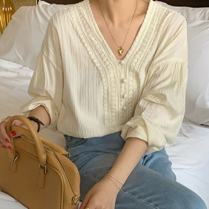 Women Casual Elegant Lace V-Neck Long-Sleeve Blouse