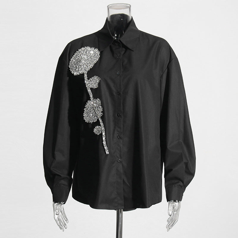 Women Fashion Casual Loose Rhinestone Flower Lapel Long-Sleeve Blouse