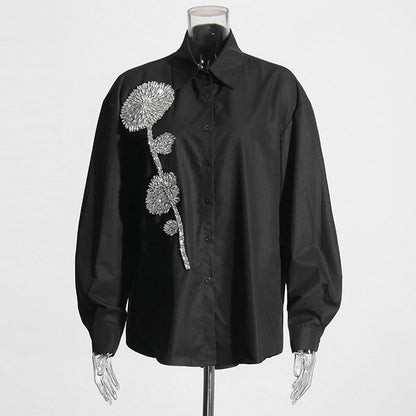 Women Fashion Casual Loose Rhinestone Flower Lapel Long-Sleeve Blouse