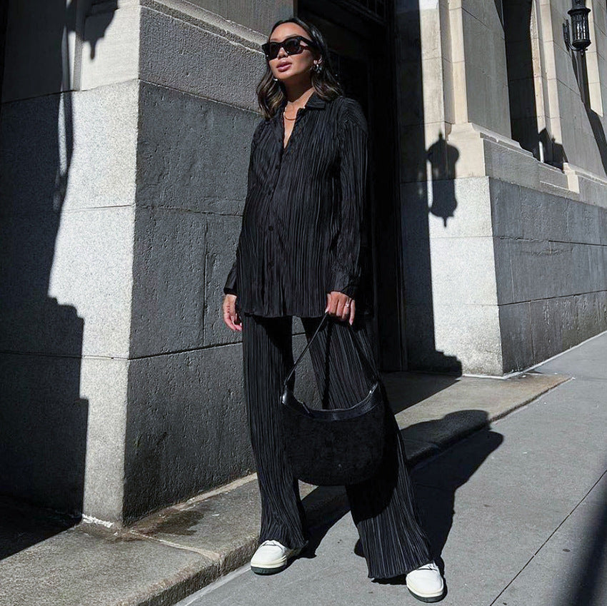 Women Casual Athleisure Long-sleeved Loose Creased Single-breasted Blouse And Solid Color Wide-leg Pants Two-piece Set