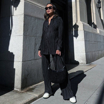 Women Casual Athleisure Long-sleeved Loose Creased Single-breasted Blouse And Solid Color Wide-leg Pants Two-piece Set