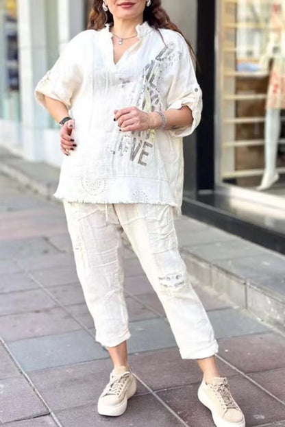 Women Casual Letter Printed V-Neck Half Sleeve Blouse Loose Pants Two-Piece Set