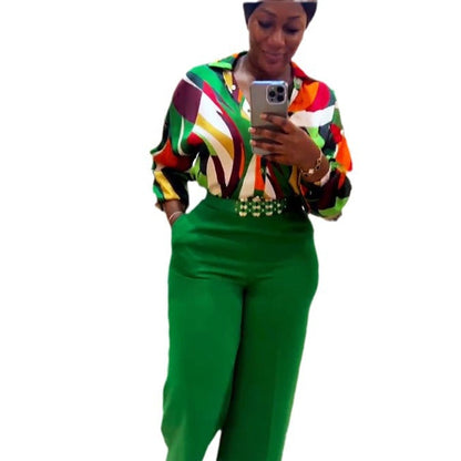 Women Fashion Casual Printed Long-Sleeved Lapel Blouse Belt Loose Pants Two-Piece Set