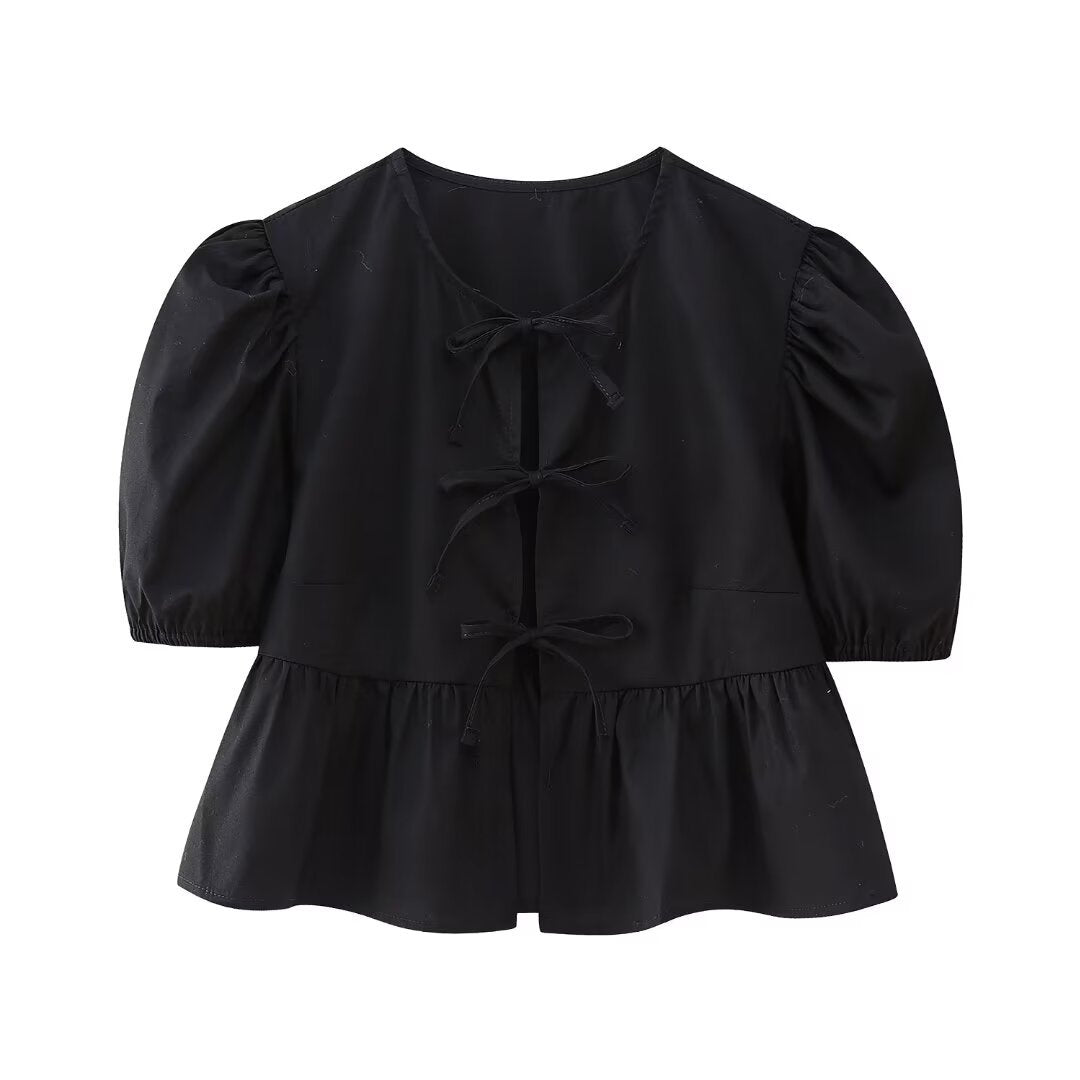 Women Sweet Casual Puff Sleeve Bow Knot Ruffled Stripe Leopard Blouse