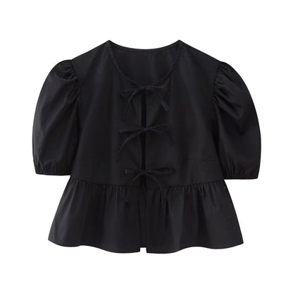 Women Sweet Casual Puff Sleeve Bow Knot Ruffled Stripe Leopard Blouse