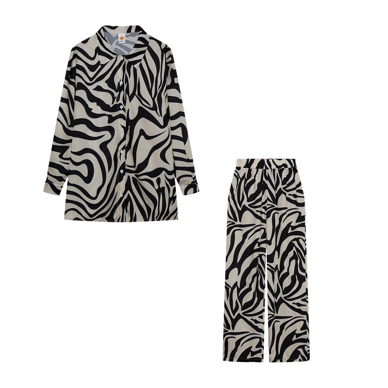 Women Fashion Casual Stripe Print Long Sleeve Blouse Pants Set