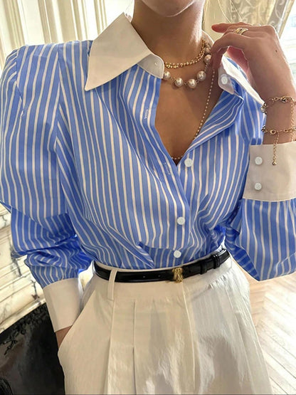 Women Fashion Casual Stripe Lapel Long-Sleeve Blouse