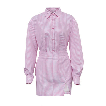 Women Fashion Casual Stripe Lapel Long Sleeve Blouse Slim Fit Split Skirt Two-Piece Set