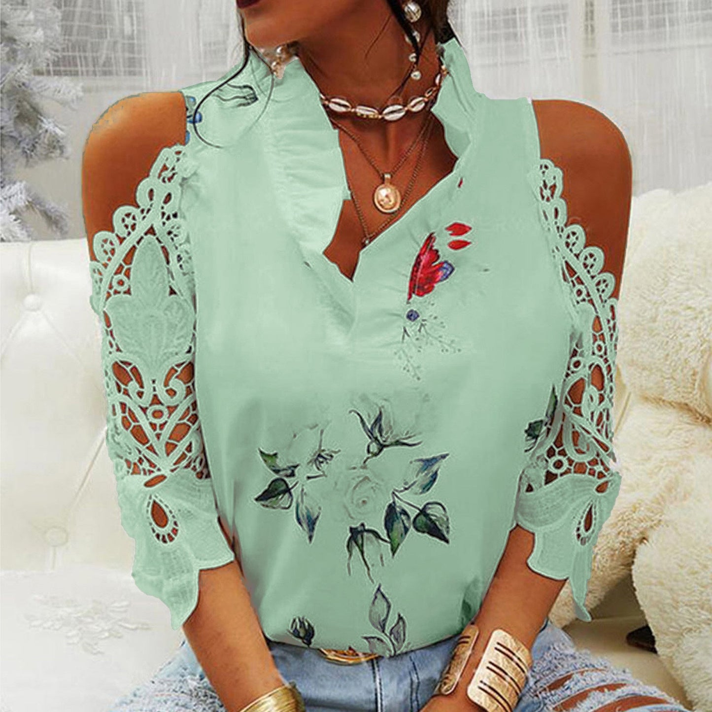Summer Women Casual Floral Print Cool-Shoulder Lace Patchwork Long-Sleeved Blouse