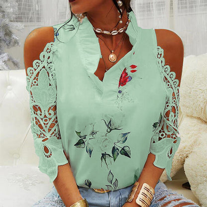 Summer Women Casual Floral Print Cool-Shoulder Lace Patchwork Long-Sleeved Blouse