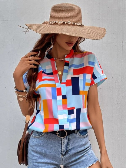 Women Fashion Plaid Print V-Neck Short-Sleeved Casual Blouses