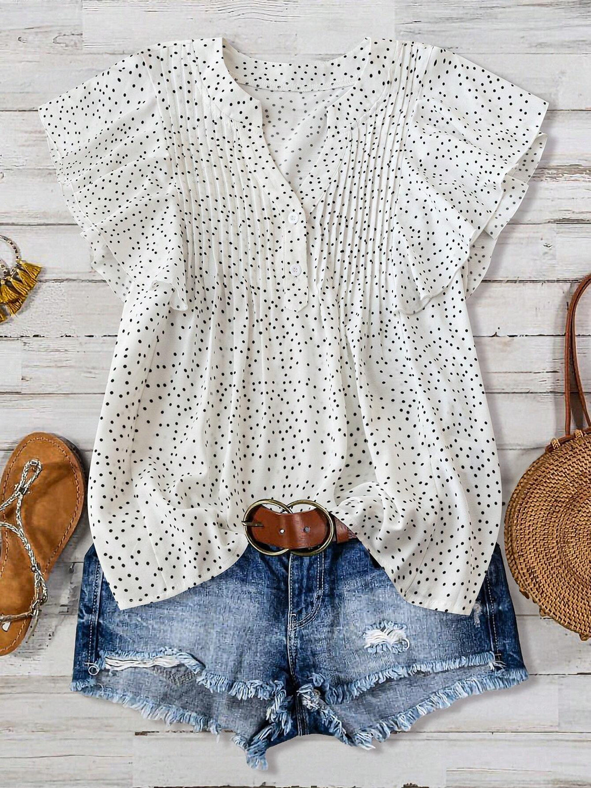 Women Fashion Casual Solid Color Pleated Dot Printed V-Neck Sleeveless Blouse