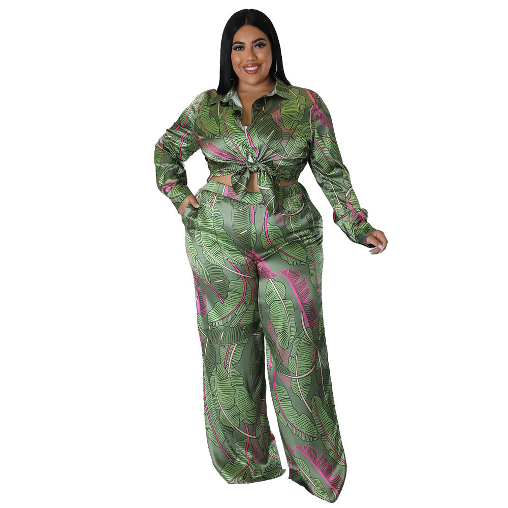 Plus Size Women Simple Printed Cardigan Long-Sleeved Shirt Blouse And Loose Pants Fashion Casual Two Pieces Set