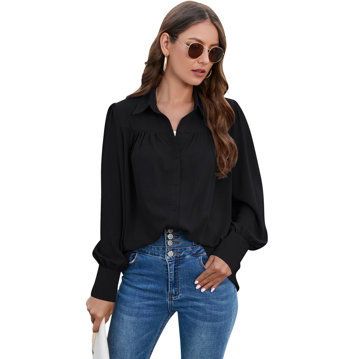 Women Casual Solid Color Chiffon Pleated Long Sleeve Plus Size Blouse