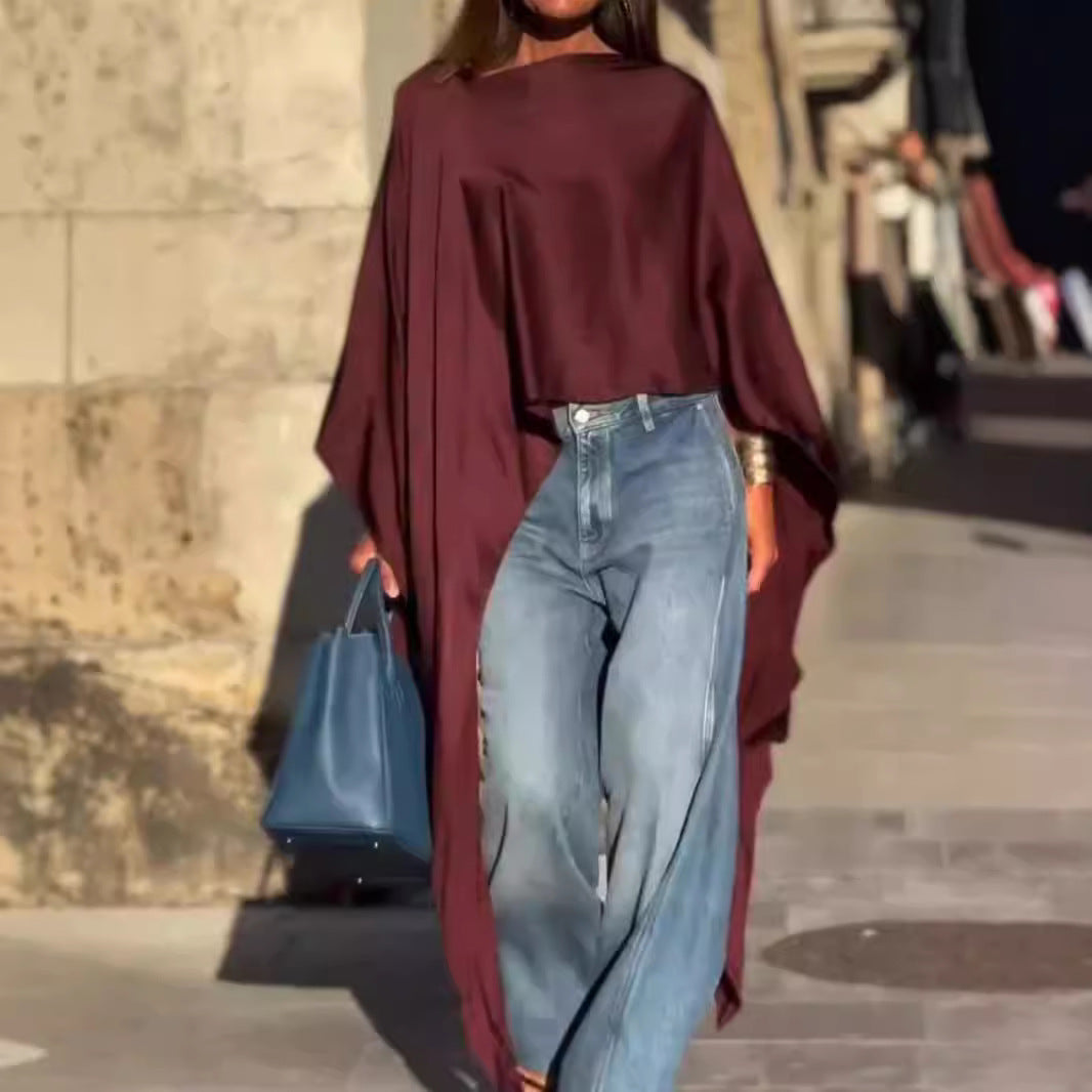 Women Casual Solid Color Irregular Long Sleeve Blouse