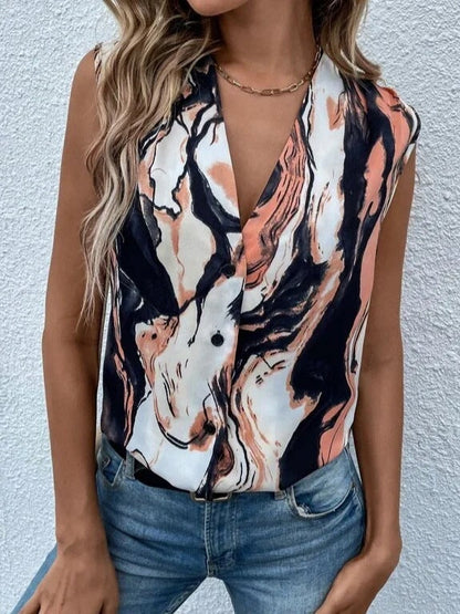 Women Summer Casual Tie Dye Marble Printed V-Neck Button-Down Sleeveless Blouse