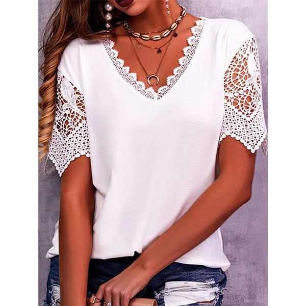 Women Casual Solid Color Lace Patchwork Loose V-Neck Short-Sleeved Blouse