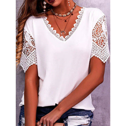 Women Casual Solid Color Lace Patchwork Loose V-Neck Short-Sleeved Blouse