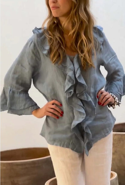 Women Fashion Casual Solid Color V-Neck Ruffled Long Sleeve Loose Blouse