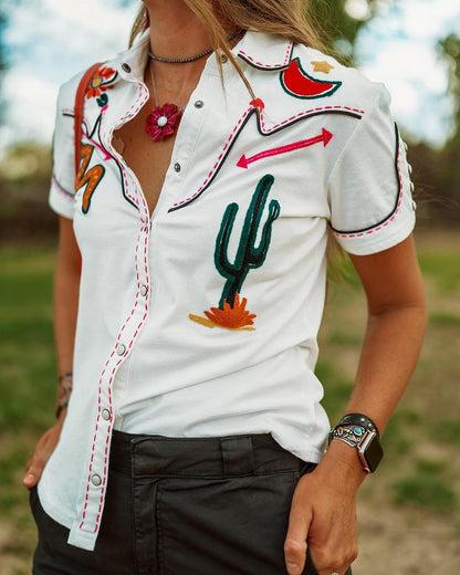 Women Casual Western Printed Lapel Short-Sleeve Single Breasted Blouse