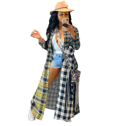 Women Fashion Casual Multicolor Plaid Patchwork Long Blouse Shacket Over Coat