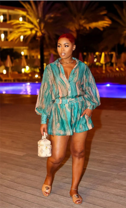 Women Fashion Casual Printed Lapel Long-Sleeve Blouse Loose Shorts Two-Piece Set