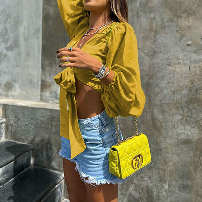 Fashion Women Casual Vacation Solid Color Long Sleeve Knotted Blouse