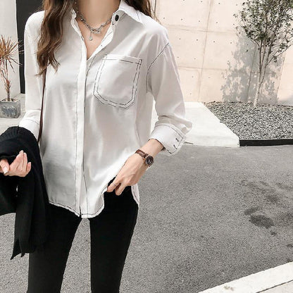Women Loose Casual Long-Sleeved Solid Color Pocket Blouse Shirt