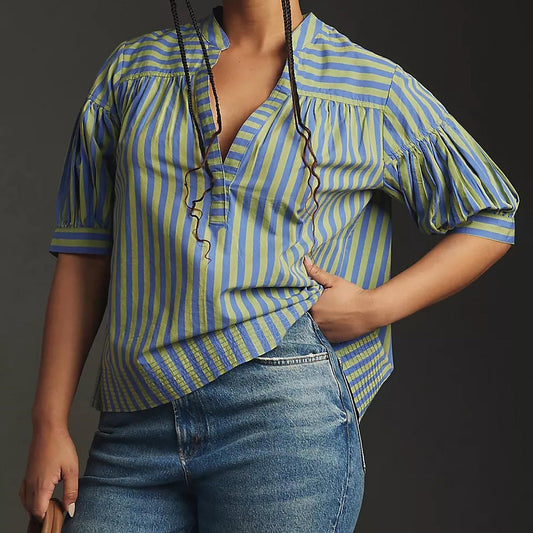 Women Fashion Casual Stripe Stitching V-Neck Long-Sleeve Blouse