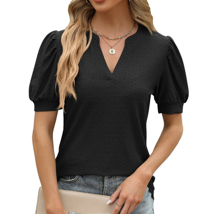 Casual Women Summer V-Neck Puff Sleeve Pleated Short-Sleeved Loose Blouse