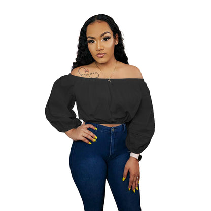 Women Fashion Casual Solid Color Off-Shoulder Long Sleeve Crop Blouse