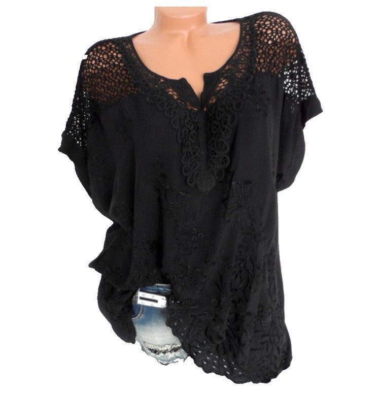 Plus Size Women Casual Loose Short-Sleeved Lace Solid Color Hollow Out Blouse