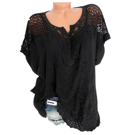 Plus Size Women Casual Loose Short-Sleeved Lace Solid Color Hollow Out Blouse