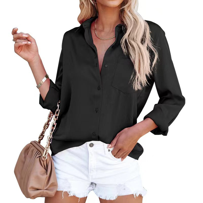 Women Fashion Casual Solid Color Lapel Long-Sleeve Blouse