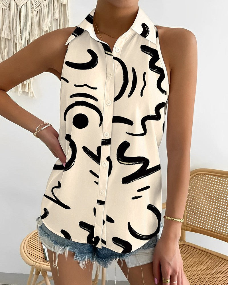 Summer Casual Fashion Strapless Abstract Print Women Shirt Blouse