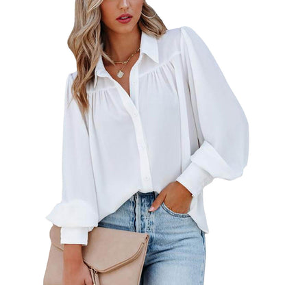 Casual Elegant Women Office Chic Solid Color Lapel Shirt Blouse