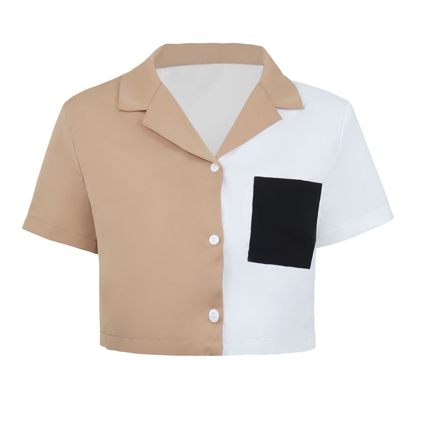 Women Casual Elegant Basic Color Blocking Pocket Single-breasted Short Sleeve Crop Blouse