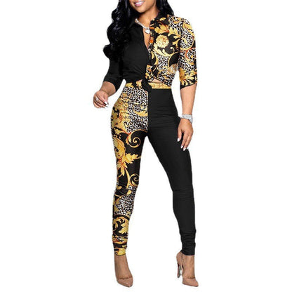Women Fashion Casual Color-Block Printed Long-Sleeve Blouse Shirt Casual Pants Two-Piece Set