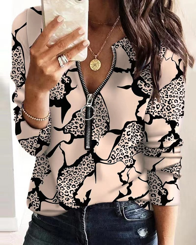 Women Casual Fashion Letter Print Zipper Long Sleeves Blouse