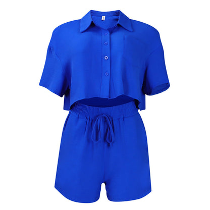 Women Casual Lapel Short Sleeve Shirt Blouse Shorts Fashion African Set
